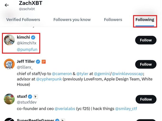 A Twitter following list for “ZachXBT (@zachxbt)” shows accounts including “kimchi @kimchi1x,” “Jeff Tiller @tillerx_,” and “stuxf @stuxfdev,” with red boxes highlighting the “Following” tab and kimchi entry.