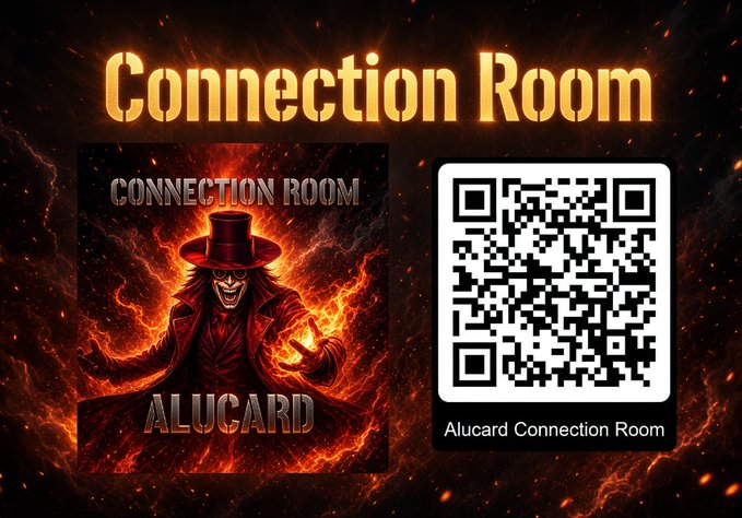 A promotional graphic with a fiery background displays 'Connection Room' and 'ALUCARD' alongside a QR code labeled 'Alucard Connection Room'.