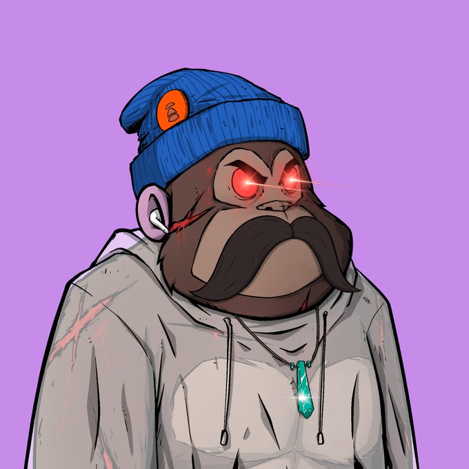 A hand-drawn gorilla wearing a blue beanie with a Robinhood logo, glowing red eyes, a grey hoodie, and a green crystal pendant—fitting the "Robinhood" collection theme from the post promoting 111 free-mint Gorillas on OpenSea.