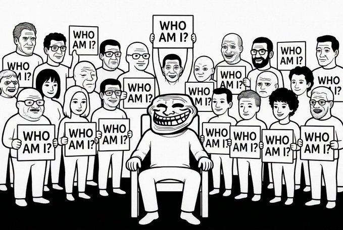 A black-and-white cartoon shows a troll-faced character seated on a chair surrounded by a crowd of diverse people, many wearing shirts and holding signs that read "WHO AM I?"—visually reinforcing the meme's widespread recognition across all demographics to support the post's point about $TROLL's powerful cultural familiarity.