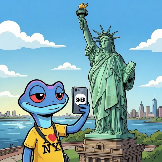 A cartoon illustration of a blue snake character wearing a yellow 'I ♥ NY' shirt taking a selfie with a phone displaying 'SNEK' on the back, with the Statue of Liberty in the background.
