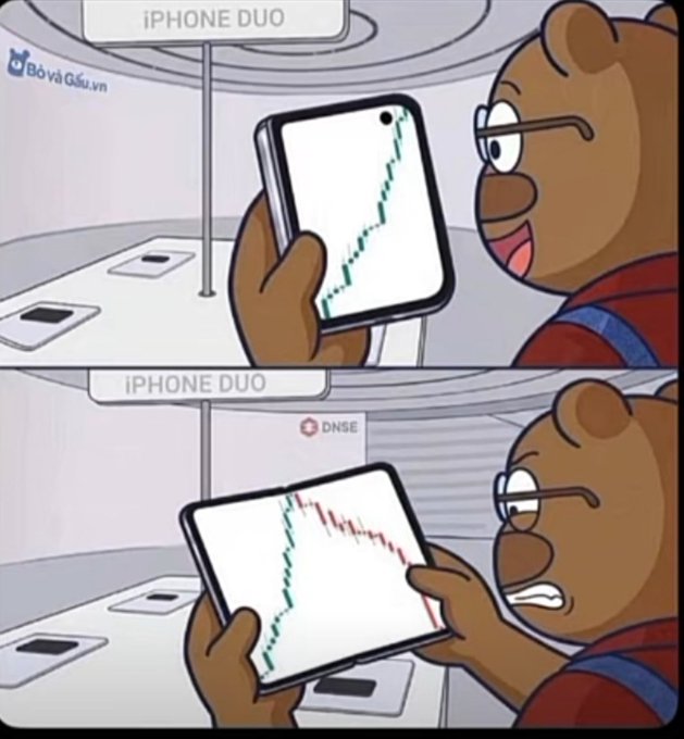 A two-panel meme featuring a bear looking at a phone showing a stock chart; the first panel shows a rising green chart with excitement, while the second shows a falling chart with disappointment.