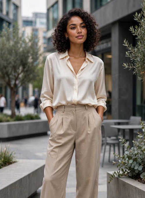 A woman with curly brown hair wearing a cream-colored satin blouse and beige pleated trousers stands on a city street with her hands in her pockets.