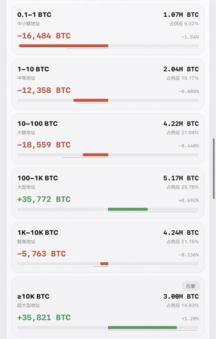 A screenshot of a Bitcoin wallet distribution chart showing holdings by address size in Chinese, with categories ranging from '0.1-1 BTC' (中小额地址) to '≥10K BTC' (超大型地址) with amounts and percentage changes.