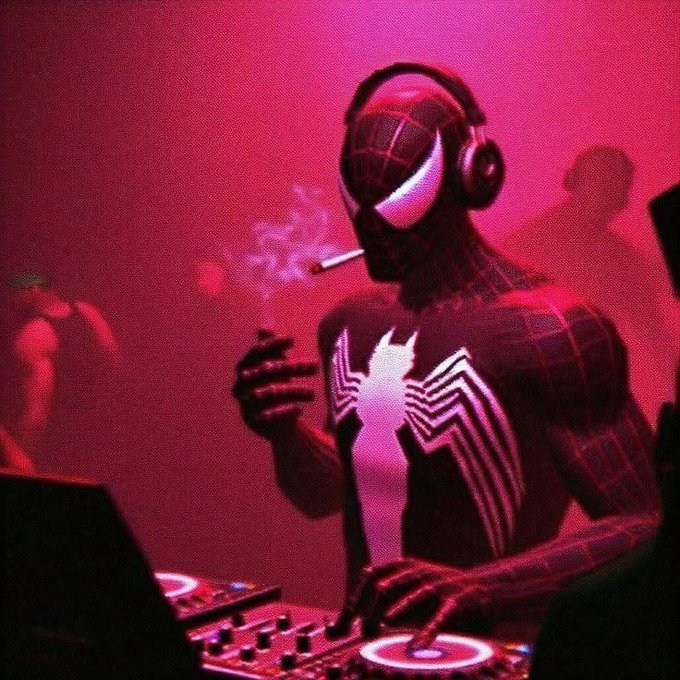 Spider-Man in a black suit DJing with headphones on, smoking a cigarette in a smoky red-lit club, with no visible text—evoking a gritty, "we're making it big" vibe to match the post celebrating $PONS growing from under $1M to $130M.