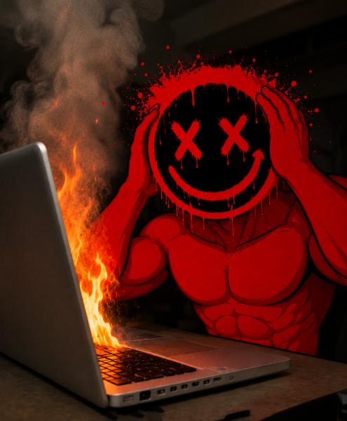 In this digital illustration, an animated man dressed as a muscle man sits at a desk while holding a laptop above his head and attempting to use it with a smile on his face. The background shows smoke billowing from a fire, creating an intense atmosphere. The text in the image announces that someone has won $500 Jackpot.