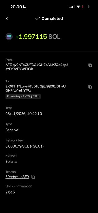A completed Phantom wallet transaction showing a received transfer of +1.997115 SOL worth roughly $0.01 on the Solana network, with a network fee of 0.000079 SOL and 2,615 block confirmations, supporting the user's claim of being tipped in SOL via an X post comment.