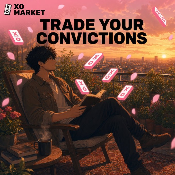An anime-style promotional image for 'XO MARKET' with the text 'TRADE YOUR CONVICTIONS' featuring a man reading on a balcony.