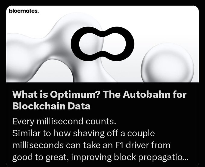 An article preview card from 'blocmates' titled 'What is Optimum? The Autobahn for Blockchain Data,' featuring a black chain link logo on a fluid silver background, with text beginning 'Every millisecond counts...'
