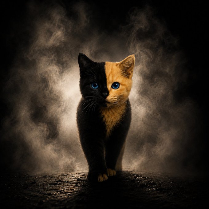 A two-faced calico kitten with striking blue eyes emerges from swirling mist, its split black and orange coloring a visual nod to the post's puzzle—each half hinting at a different crypto coin waiting to be named.