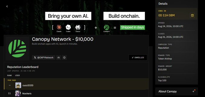 A crypto project dashboard for "Canopy Network - $10,000" showing details like "Build onchain", token airdrop rewards, and a reputation leaderboard.