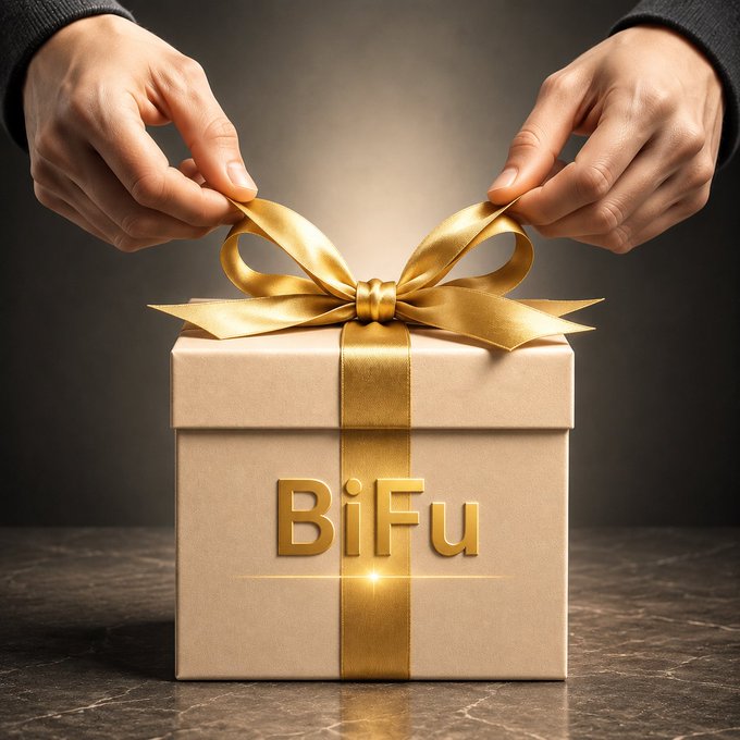 Two hands present a beige gift box tied with a luxurious gold ribbon and bow, with the word "BiFu" displayed in gold lettering on the front.