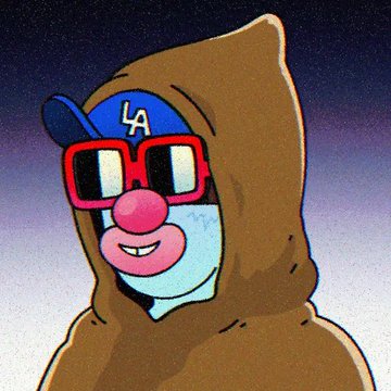 A cartoonish character with a red nose, pink lips, and blue "LA" cap wears a large brown hoodie, with the post noting the image as part of the "@yonfrula Hoodie Groupies" NFT collection minted on Blockchain Robinhood.