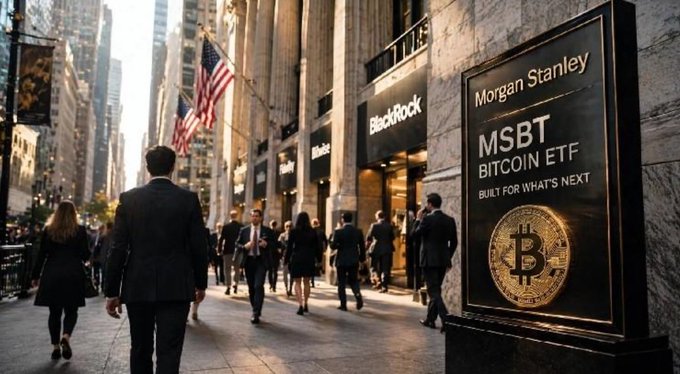 A large illuminated sign on a Wall Street building advertises the "Morgan Stanley MSBT Bitcoin ETF — Built for What's Next," featuring a prominent gold Bitcoin emblem, with the American flag and signs for "BlackRock" and "Fidelity" visible in the bustling financial district background. The image visually reinforces the post's theme of deepening institutional Bitcoin adoption, as major traditional finance firms like Morgan Stanley, BlackRock, and Fidelity continue to roll out crypto investment products to attract new capital.