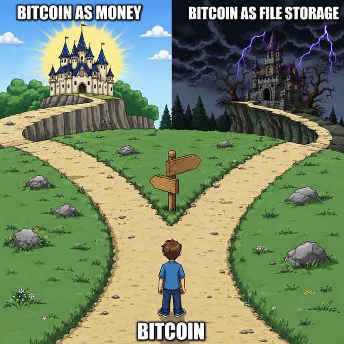 A meme split into two panels shows a young boy labeled 'BITCOIN' at a crossroads, choosing between 'BITCOIN AS MONEY' (depicted as a sunny castle) and 'BITCOIN AS FILE STORAGE' (depicted as a dark, stormy castle).