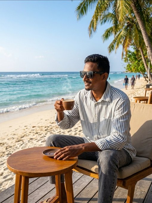 A man wearing sunglasses and a striped shirt sits at a beachside table, sipping from a coffee cup while gazing out at the ocean, embodying a relaxed lifestyle of "touching grass" with the profits earned from Polymarket predictions.