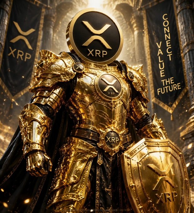 The image features a golden armored knight standing with his sword raised high above his head, wearing a gold helmet that has an XRP symbol on it. The background includes banners for XP and Bitcoin, suggesting that this scene takes place within a setting related to cryptocurrency or digital currency. The armor of the knight is made from gold, which adds to the overall opulence of the image. The post about XP connects with the armored knight's presence in the image by highlighting how XP is built for real-world finance and cross border payments, making it an ideal choice for financial institutions looking to expand their reach beyond national borders.