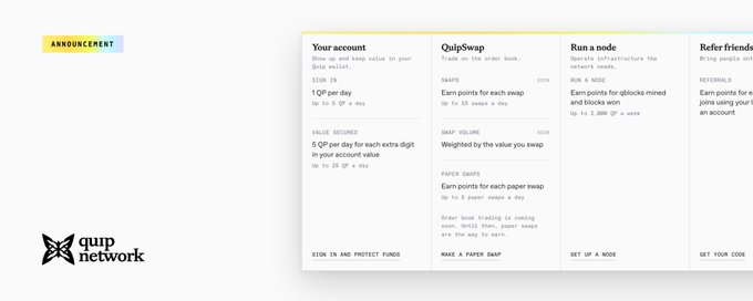 Webpage screenshot of a 'quip network' announcement displaying account options including 'Your account', 'QuipSwap', 'Run a node', and 'Refer friends' with details about QP tokens and swaps.