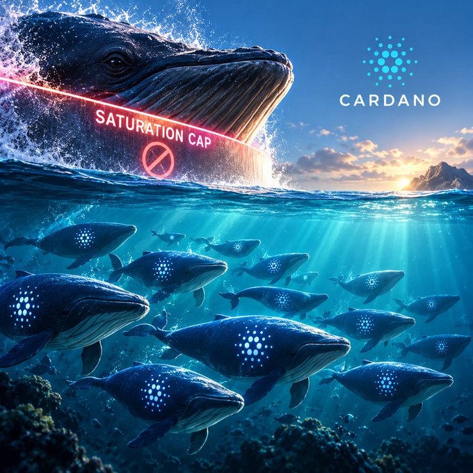 A digitally created image showing a large whale breaching above water with a 'SATURATION CAP' prohibition sign across it, while a school of smaller whales bearing the Cardano (ADA) logo swim beneath the surface, with the 'CARDANO' logo displayed in the top right corner.