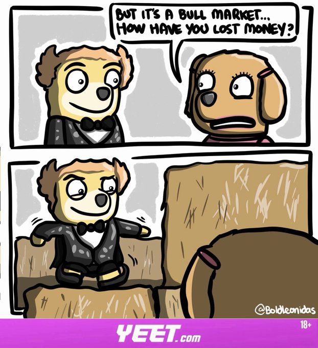 Two dogs in a comic strip discuss a "bull market," with one asking how the other lost money before revealing the answer on a couch. The image humorously relates to the post about strong crypto and stock market performance, illustrating how investors can still lose money even during bullish conditions like the BTC rally and record Mag7 ETF inflows mentioned.