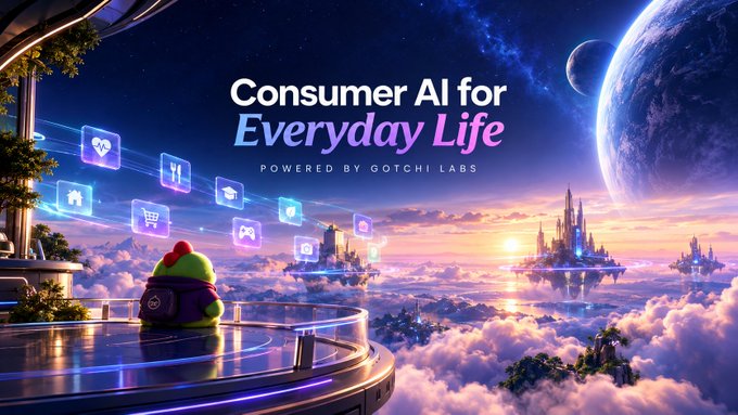 A futuristic promotional banner for 'Consumer AI for Everyday Life Powered by Gotchi Labs' features a small green creature looking at a floating array of app icons against a backdrop of a sunset over clouds and futuristic floating islands.