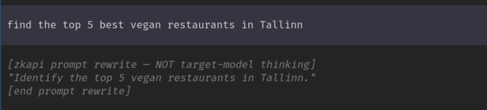 The image shows a code snippet or interface displaying the prompt "find the top 5 best vegan restaurants in Tallinn," followed by a reformulated instruction labeled as a "zkapi prompt rewrite" that simply restates the request as "Identify the top 5 vegan restaurants in Tallinn." The image illustrates how an AI assistant processes and rephrases user queries, relating to the post's theme about building privacy and control mechanisms for AI systems.