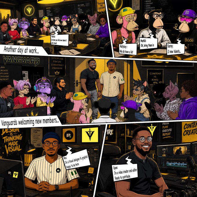 A comic-style illustration depicts a workplace scene titled "Another day at work... VANGUARD," where the Solflare Vanguard team welcomes new members, featuring speech bubbles introducing new hires as a visual designer, graphic artist, and video creator/editor who are met with applause from colleagues. The artwork uses cartoon avatars alongside realistic human characters in an office setting branded with Solflare's yellow "V" logo and motivational phrases like "DISCIPLINE FOCUS CONSISTENCY FREEDOM" and "FIRE."