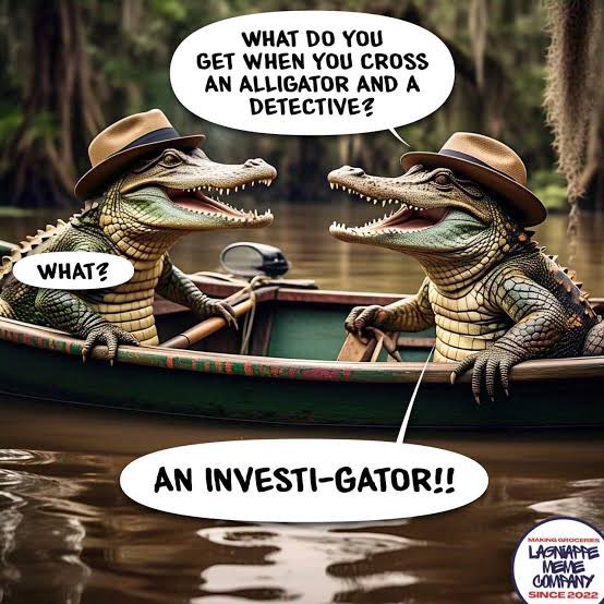 Meme from 'Makeup Shroecare LASHATTE MEME COMPANY' showing two alligators in detective hats in a boat, with one asking 'What do you get when you cross an alligator and a detective?' and answering 'An investi-gator!!'