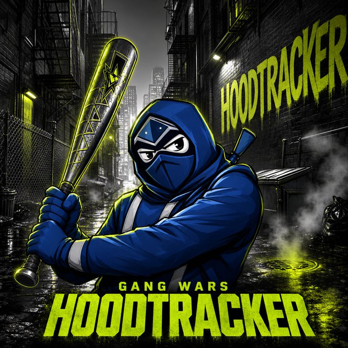 A blue‑masked ninja wielding a glowing bat stands in a gritty alley where “HOODTRACKER” and “GANG WARS” are spray‑painted, visually echoing the post’s theme of fast, real‑time tracking and analytics.