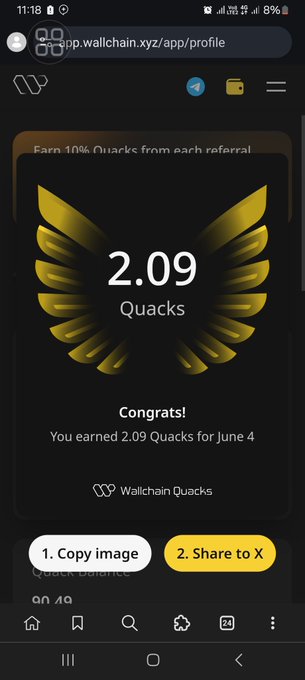 The image shows a phone screen displaying an app called "Wallchain Quacks" with a gold-colored bird logo at the top of the screen. The app has a feature that allows users to track their Quacks, which are points earned from supporting creators on Wallchain. The user's progress is shown in the form of a gold-colored bird logo, indicating they have earned 2.0 Quacks for June 4th. The image also includes text that reads "Focus on what is in the image and how it relates to the post".