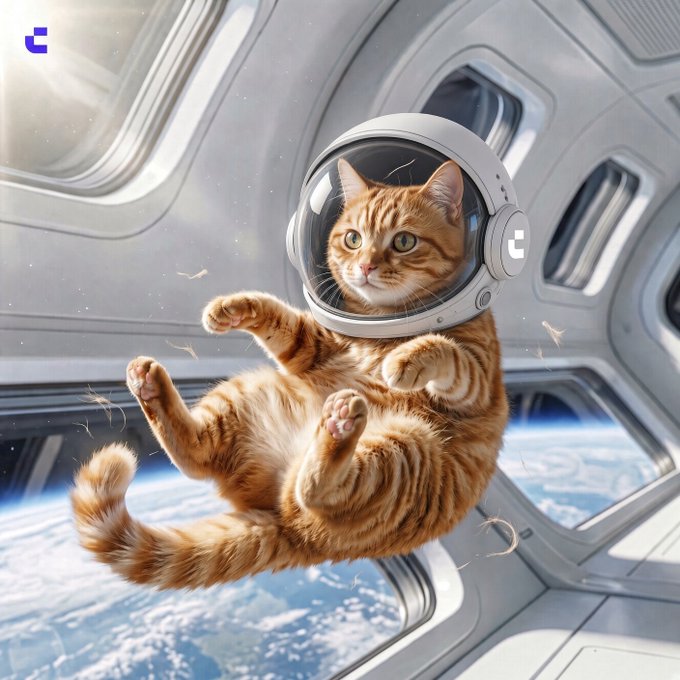 A 3D-rendered illustration of an orange tabby cat wearing a space helmet, floating weightlessly inside a spaceship with Earth visible through the windows.