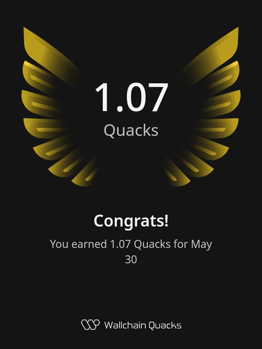 The image features a poster with an award for Quacks. The poster has a gold background and a yellow bird design at the top. Below the bird, there's text that reads "Congratulations! You earned 1.07 Quacks for May." This indicates that someone has achieved a certain number of Quacks in a specific month or project.