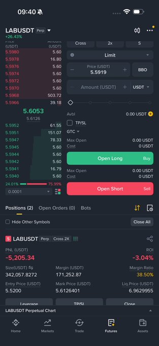 The image shows a cell phone displaying a financial app that lists various stock trading options such as LabusDT, USDT, and others. The app also provides information about the opening long position for these symbols, the current market prices, and other data related to different stocks. One interesting feature is that it allows users to set stop loss orders when a certain price is reached. For instance, if LabusDT stock reaches $5.9, the app would send an alert to close the trade before losing any more money. This feature enables investors to manage risks while trading and potentially increase their profits.