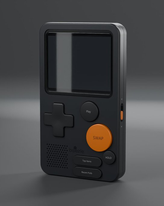 A black handheld gaming device labeled 'Doezle' with a directional pad, a screen, an orange 'SWAP' button, and smaller buttons marked 'Play', 'HOLD', 'Top Items', and 'Recent Pulls'.