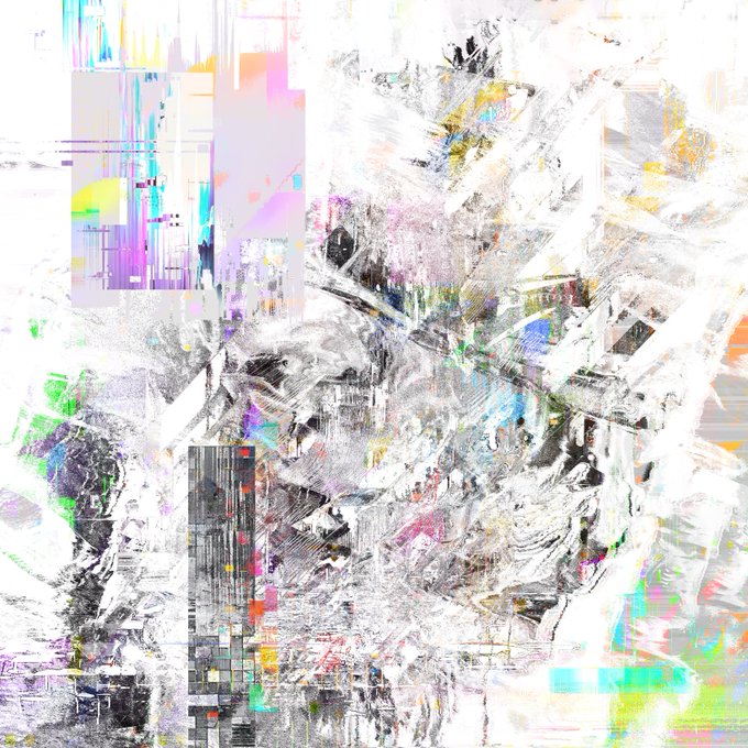 An abstract mixed-media artwork featuring chaotic black brushstrokes, splattered white paint, and glitch-like rectangular patches of pastel colors.