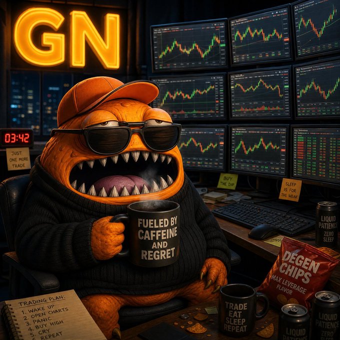 Meme image of an orange 'degen' monster wearing sunglasses and a cap at night with multiple trading screens, holding a mug reading 'Fueled by Caffeine and Regret' with 'GN' neon sign and 'Degen Chips' snack.