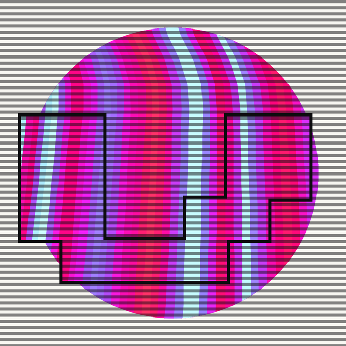 An abstract digital artwork featuring a large magenta circle with light blue and purple stripes, overlaid with a black geometric line pattern on a gray horizontal-striped background.