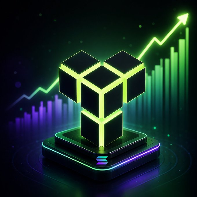 A neon-lit 3D logo featuring three cubes arranged in a Y-shape sits on a glowing platform with an upward-trending arrow chart and bar graph in the background.