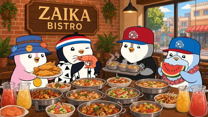 Cartoon illustration of anthropomorphic penguins wearing hats enjoying a feast at 'ZAIKA BISTRO' with bowls of food, fried chicken, shrimp, watermelon, and pitchers of lemonade.