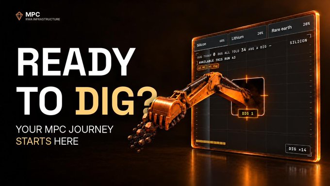 Promotional graphic featuring an excavator grabbing raw minerals alongside a holographic data interface showing commodity tickers (Silicon 60%, Lithium 26%, Rare earth 26%), with text "READY TO DIG? YOUR MPC JOURNEY STARTS HERE" and the MPC Digital Infrastructure logo, visually representing the tokenization of mining assets as discussed in the accompanying post about bringing mining assets on-chain.
