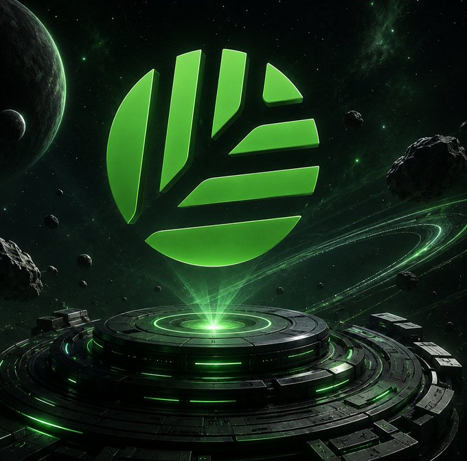 A glowing green circular logo with radiating bar elements hovers above a futuristic metallic platform in a dark space environment with asteroids and a planet.