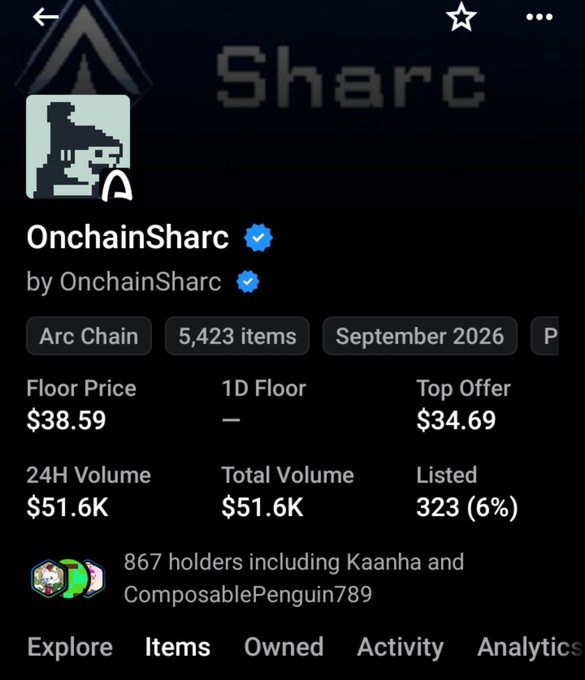 A mobile app screenshot showing the OnchainSharc NFT collection on Arc Chain with 5,423 items, displaying a floor price of $38.59, top offer of $34.69, and 24H volume of $51.6K.