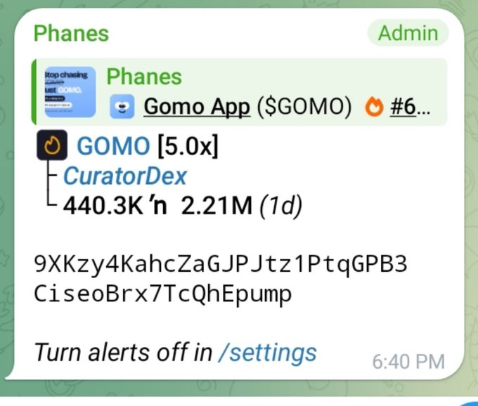 A Telegram notification from user 'Phanes' alerts about a 5.0x surge on 'GOMO [5.0x] CuratorDex', referencing Gomo App ($GOMO) with a total of 440.3K and 2.21M.