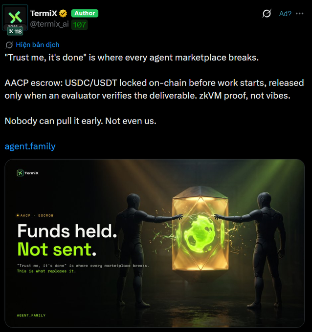 A tweet from TermiX (@termix.ai) about 'AACP escrow' stating 'Trust me, it's done is where every agent marketplace breaks,' accompanied by an image reading 'Funds held. Not sent.'