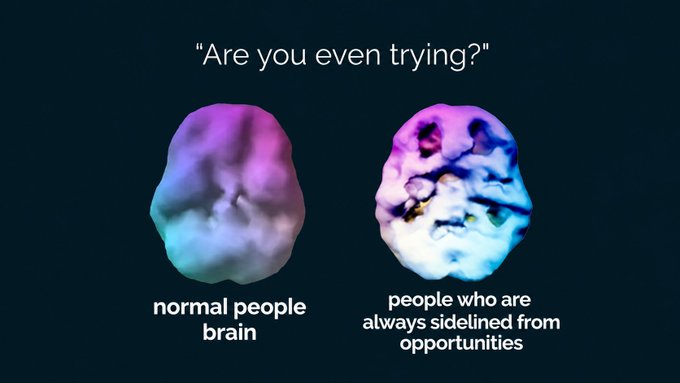 A meme comparing two brain images with text 'Are you even trying?' showing 'normal people brain' versus 'people who are always sidelined from opportunities'.