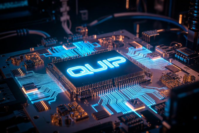 A 3D rendered image of a futuristic computer circuit board with a glowing blue CPU chip at the center displaying 'QUIP' in bright neon letters.