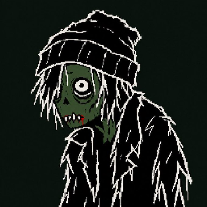 A simple, dark pixel-art style drawing of a zombie-like figure with green skin, one large staring eye, sharp teeth with a bit of blood, wearing a dark beanie and jacket against a dark green background.