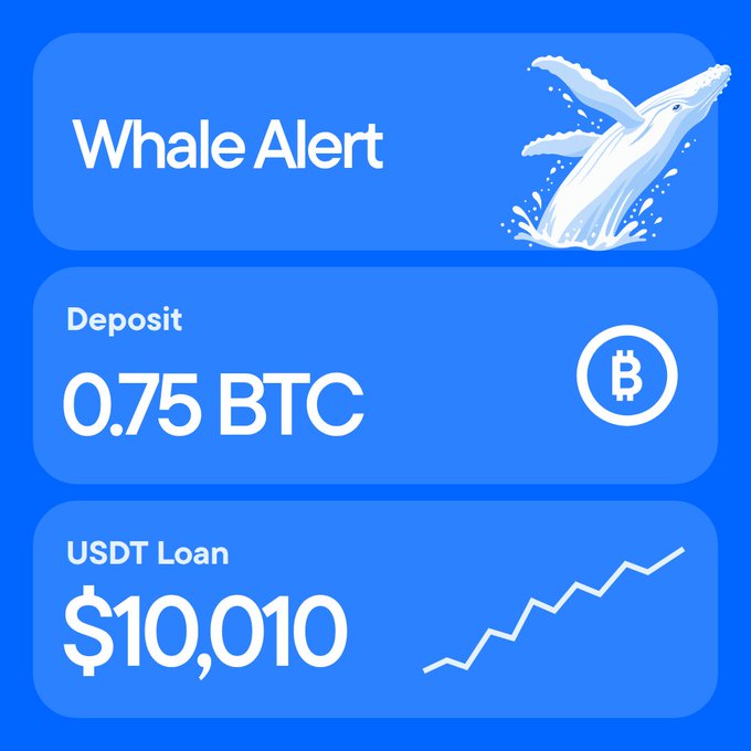 A digital 'Whale Alert' graphic showing a deposit of 0.75 BTC and a USDT Loan of $10,010 with a rising trend line and a whale illustration.