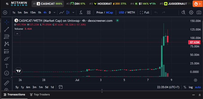 A Dexscreener chart shows CASHCAT/WETH (Market Cap) with a dramatic spike reaching 87.63M on Uniswap, amid other tokens like DIH, HOODRAT, and JUGGERNAUT.
