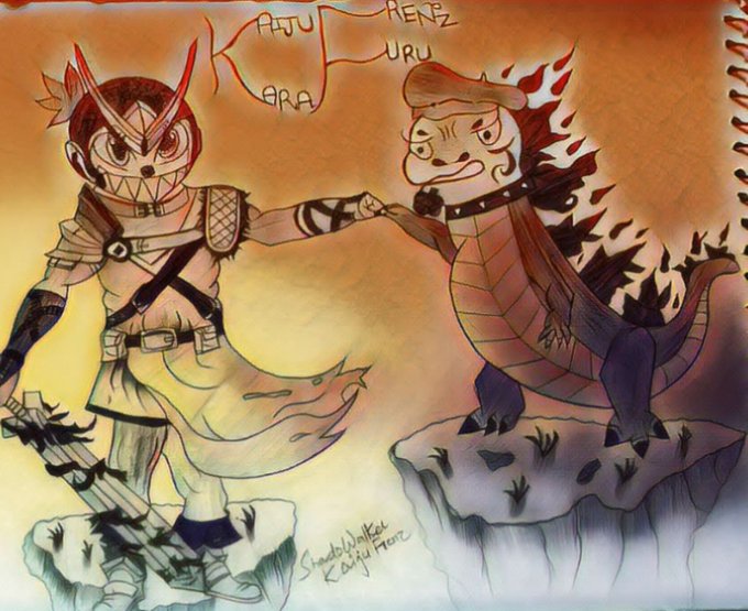 A colorful piece of fan art for @KaijuFrenz and @KarafuruNFT, featuring a stylized human character holding hands with a dinosaur-like creature against an orange sunset background. The image includes the stylized text "KAIJU FRENZ KAFURURU" at the top and the artist's name, "ShandoWalker," at the bottom.